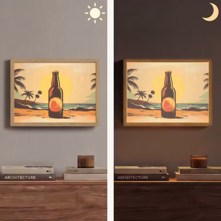 Bierfles - Zonsondergang - Palmbomen - Zee Light Box met batterij (Wandlamp) middel -sfeer3