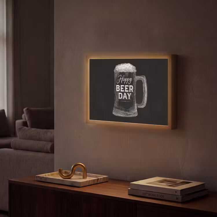 Bierpul - Witte krijtletters - Happy beer day Light Box met batterij (Wandlamp) middel -sfeer1