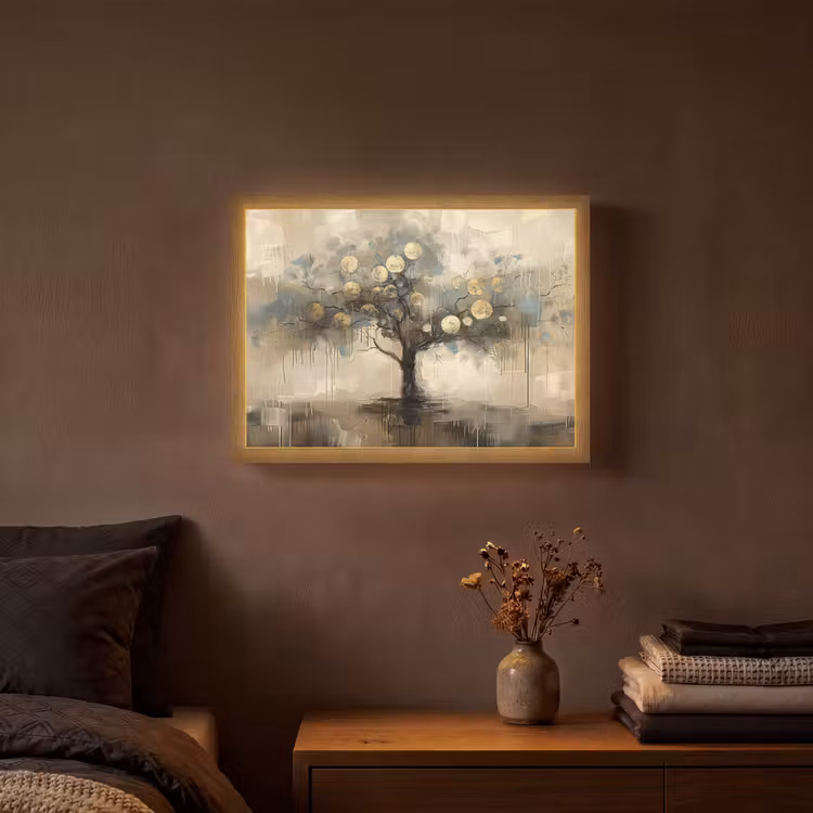 Beige - Abstract - Boom - Goud Light Box met batterij (Wandlamp) middel -sfeer4