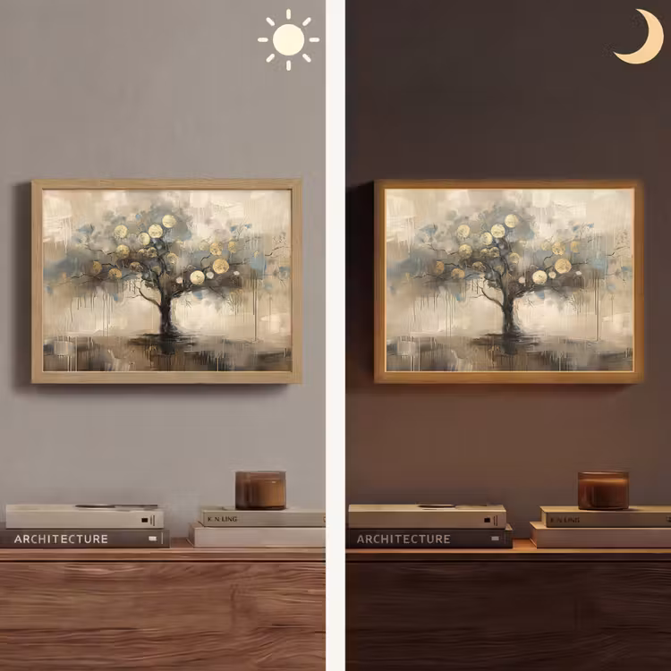 Beige - Abstract - Boom - Goud Light Box met batterij (Wandlamp) middel -sfeer3