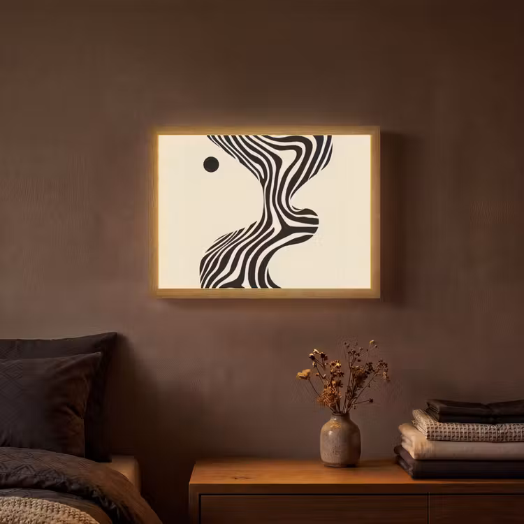 Beige - Lijnen - Golvend -  Abstract Light Box met batterij (Wandlamp) middel -sfeer4
