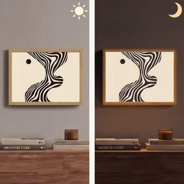 Beige - Lijnen - Golvend -  Abstract Light Box met batterij (Wandlamp) middel -sfeer3