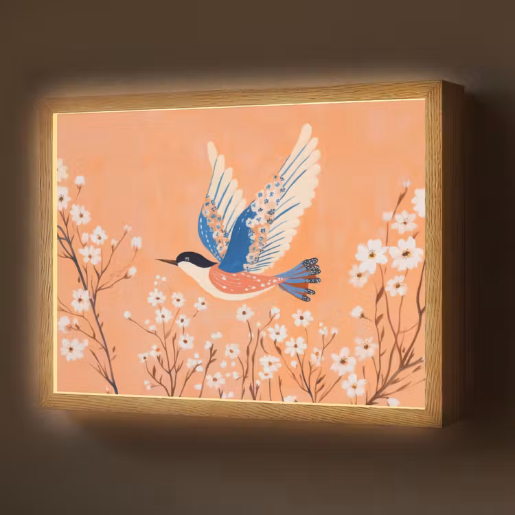 Vogel - Bloesemtakken - Warm - Kleurrijk Light Box met batterij (Wandlamp) middel -z3d_website
