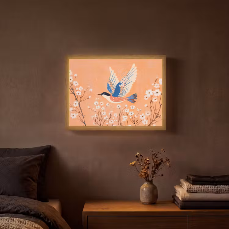 Vogel - Bloesemtakken - Warm - Kleurrijk Light Box met batterij (Wandlamp) middel -sfeer4