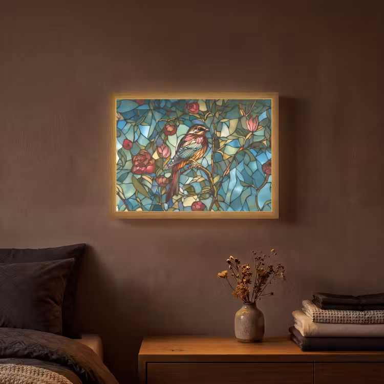 Vogel - Tak - Rozen - Mozaïek Light Box met batterij (Wandlamp) middel -sfeer4