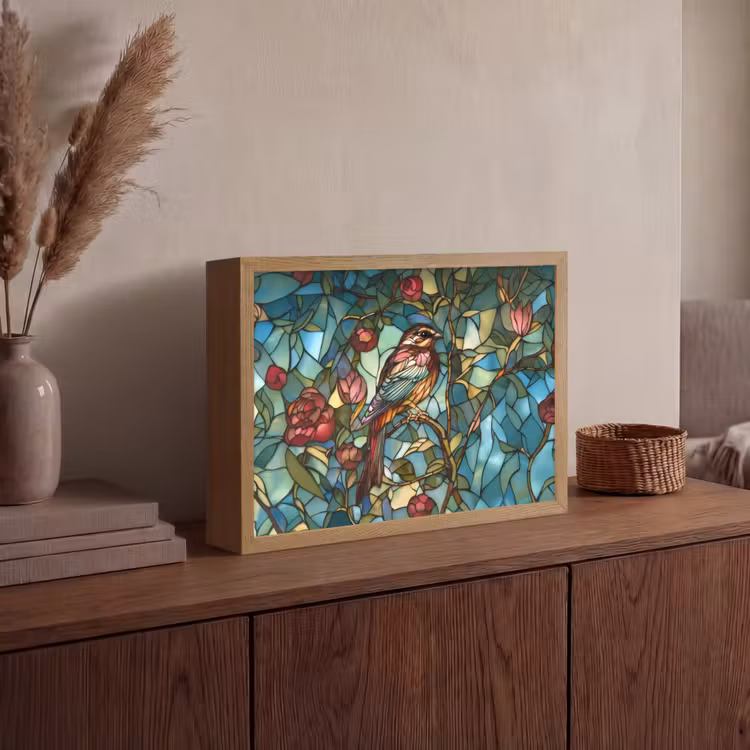 Vogel - Tak - Rozen - Mozaïek Light Box met batterij (Wandlamp) middel -sfeer2