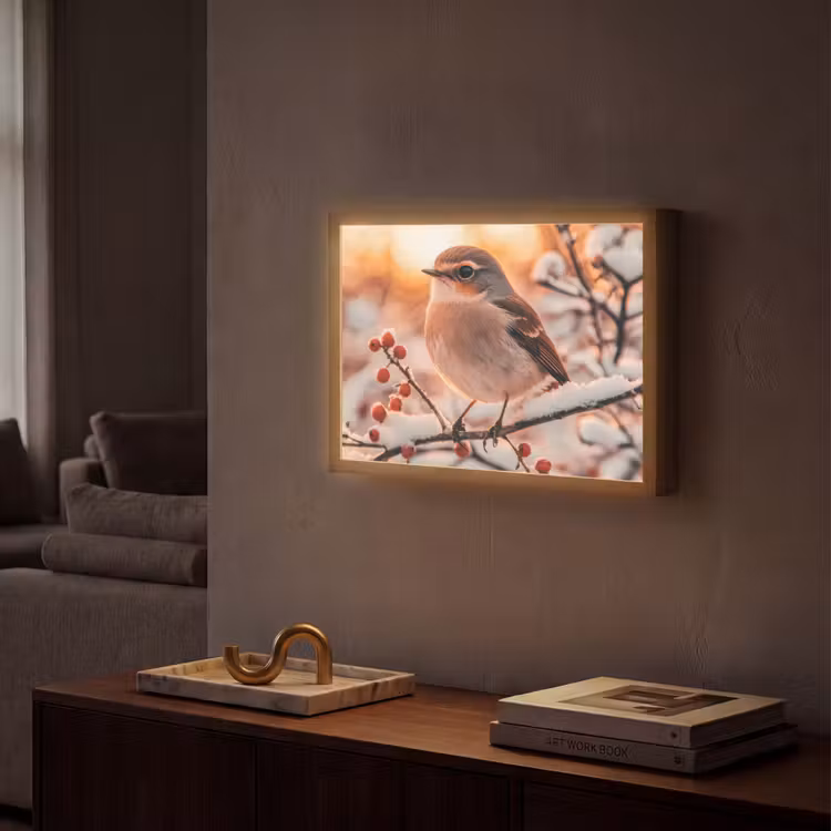 Vogel - Tak - Winter - Dieren - Sneeuw Light Box met batterij (Wandlamp) middel -sfeer1