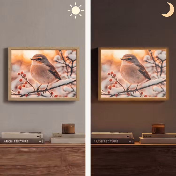 Vogel - Tak - Winter - Dieren - Sneeuw Light Box met batterij (Wandlamp) middel -sfeer3