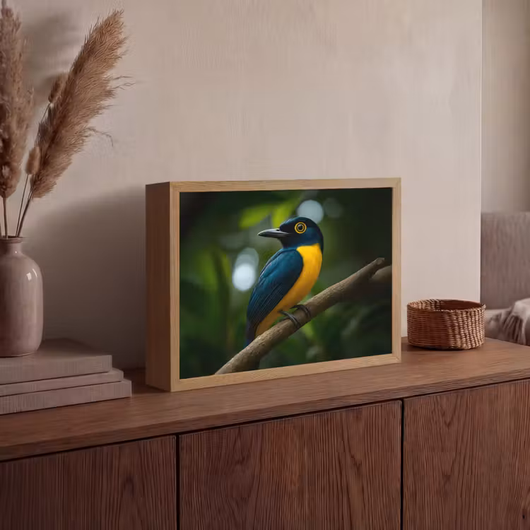 Vogel - Tak - Geel - Bladeren Light Box met batterij (Wandlamp) middel -sfeer2