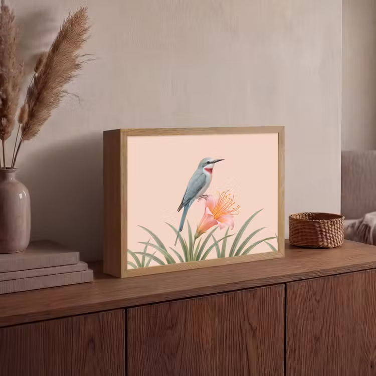 Vogel - Bloem - Natuur - Roze Light Box met batterij (Wandlamp) middel -sfeer2