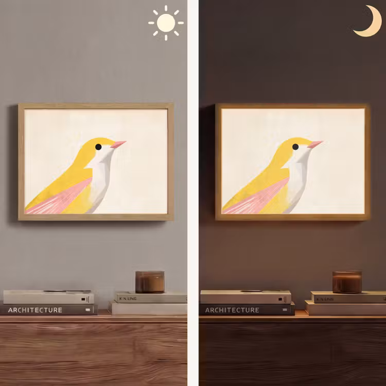 Vogel - Minimalistisch - Geel Light Box met batterij (Wandlamp) middel -sfeer3