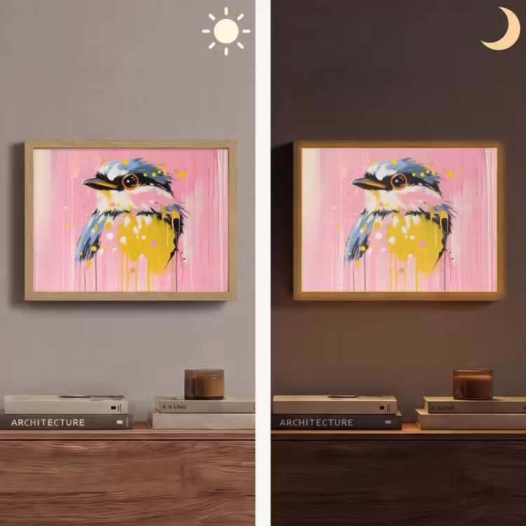 Vogel - Roze - Geel - Blauw Light Box met batterij (Wandlamp) middel -sfeer3