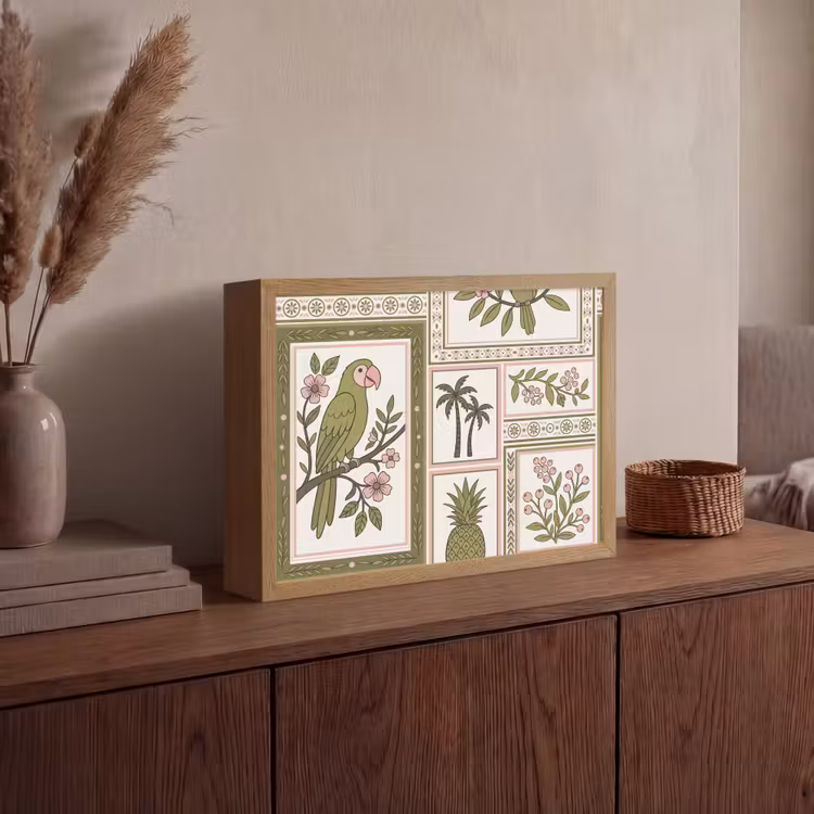 Vogel - Tropisch - Patroon - Decoratief - Groen Light Box met batterij (Wandlamp) middel -sfeer2