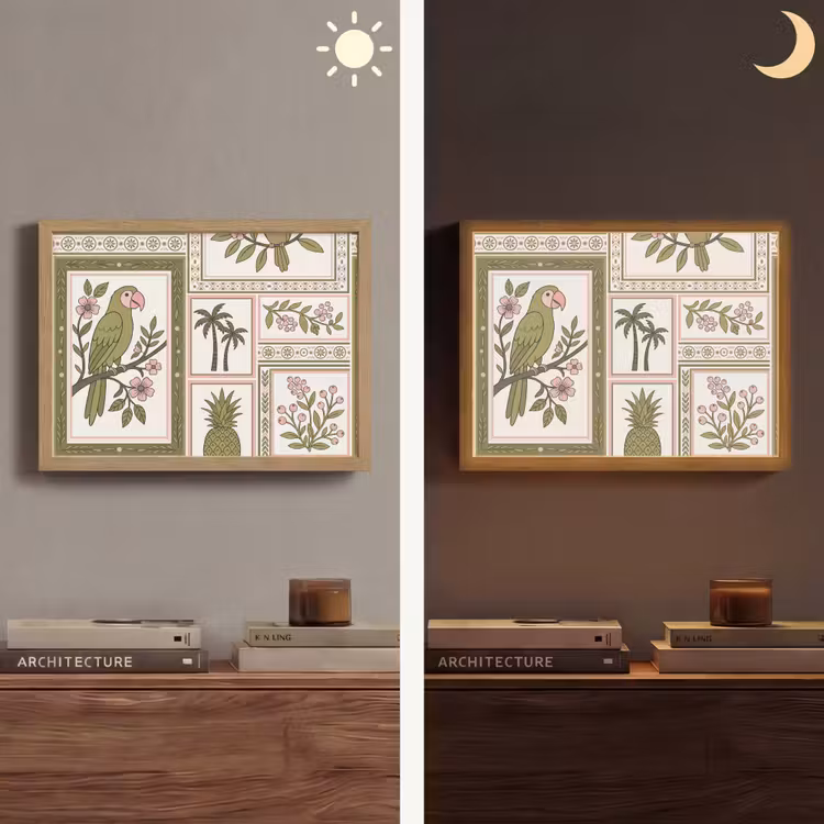 Vogel - Tropisch - Patroon - Decoratief - Groen Light Box met batterij (Wandlamp) middel -sfeer3