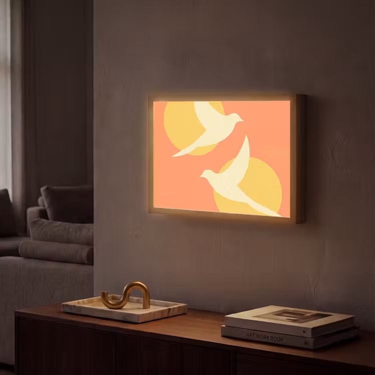 Vogels - Cirkels - Geel Light Box met batterij (Wandlamp) middel -sfeer1