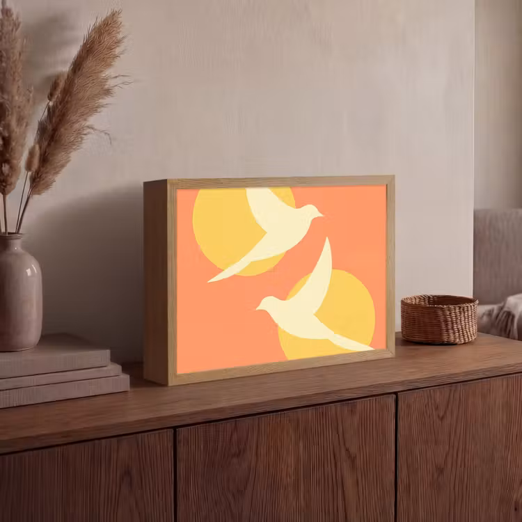 Vogels - Cirkels - Geel Light Box met batterij (Wandlamp) middel -sfeer2