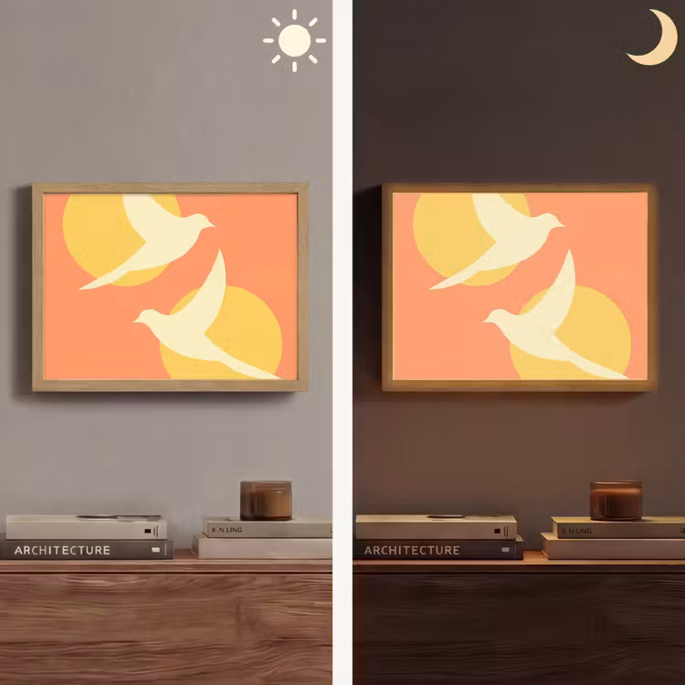 Vogels - Cirkels - Geel Light Box met batterij (Wandlamp) middel -sfeer3