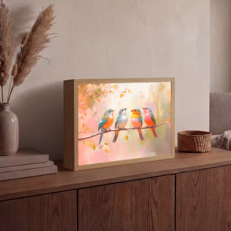 Vogels - Kleurrijk - Tak Light Box met batterij (Wandlamp) middel -sfeer2