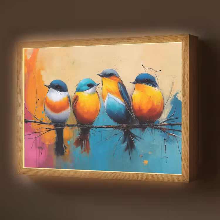 Vogels - Kleurrijk - Tak - Abstract Light Box met batterij (Wandlamp) middel -z3d_website
