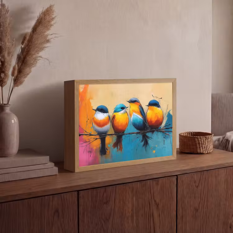 Vogels - Kleurrijk - Tak - Abstract Light Box met batterij (Wandlamp) middel -sfeer2