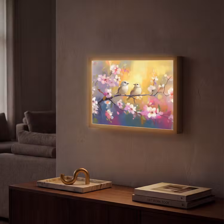 Vogels - Bloemen - Roze Light Box met batterij (Wandlamp) middel -sfeer1