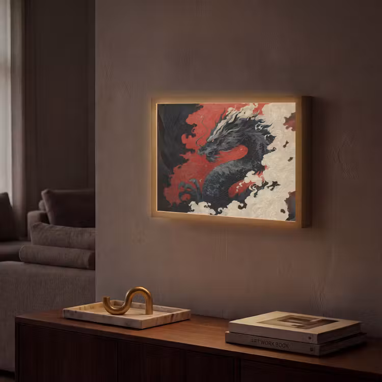 Zwarte draak - Rookwolken - Rood Light Box met batterij (Wandlamp) middel -sfeer1