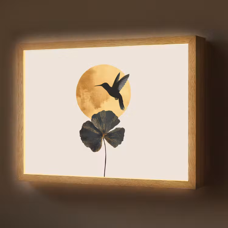 Zwarte kolibrie - Bloem - Gouden cirkel Light Box met batterij (Wandlamp) middel -z3d_website