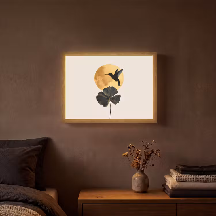 Zwarte kolibrie - Bloem - Gouden cirkel Light Box met batterij (Wandlamp) middel -sfeer4