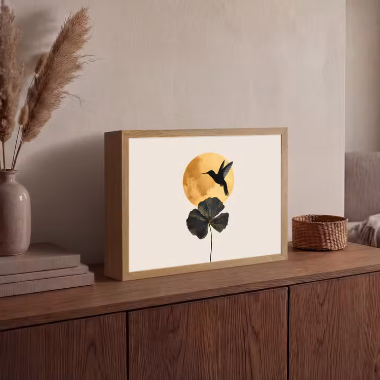 Zwarte kolibrie - Bloem - Gouden cirkel Light Box met batterij (Wandlamp) middel -sfeer2