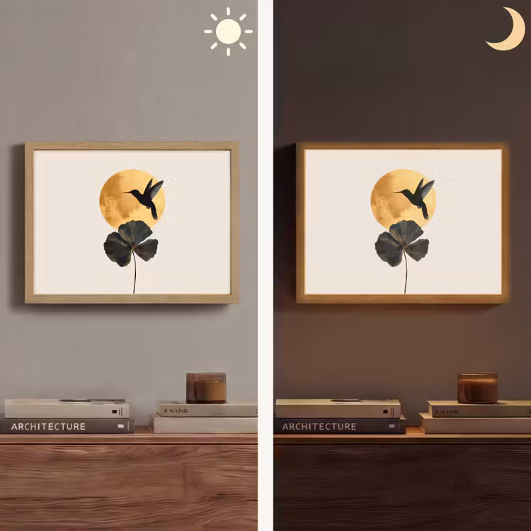 Zwarte kolibrie - Bloem - Gouden cirkel Light Box met batterij (Wandlamp) middel -sfeer3