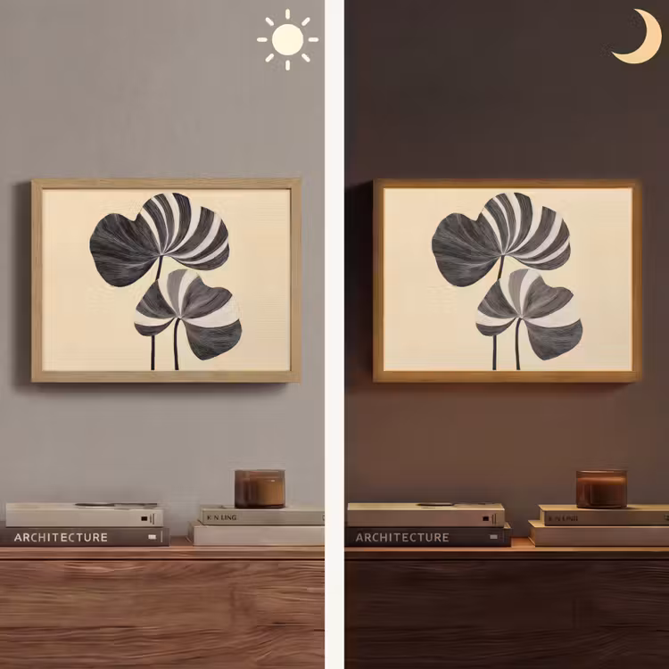 Zwart - Bladeren - Strepen - Minimalistisch Light Box met batterij (Wandlamp) middel -sfeer3