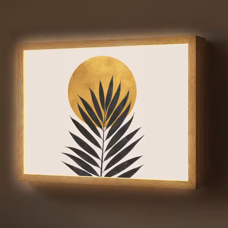 Zwart palmblad - Gouden cirkel - Beige achtergrond Light Box met batterij (Wandlamp) middel -z3d_website