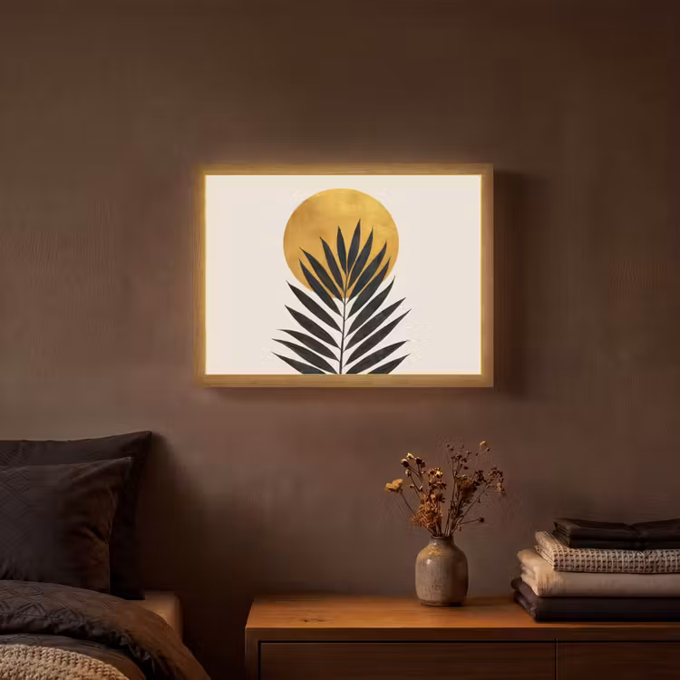 Zwart palmblad - Gouden cirkel - Beige achtergrond Light Box met batterij (Wandlamp) middel -sfeer4