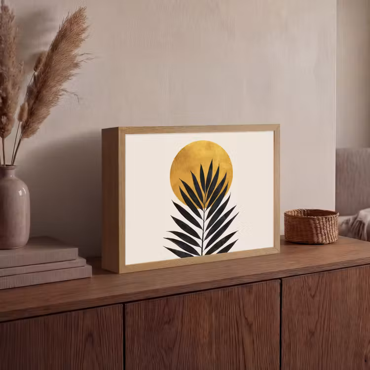 Zwart palmblad - Gouden cirkel - Beige achtergrond Light Box met batterij (Wandlamp) middel -sfeer2