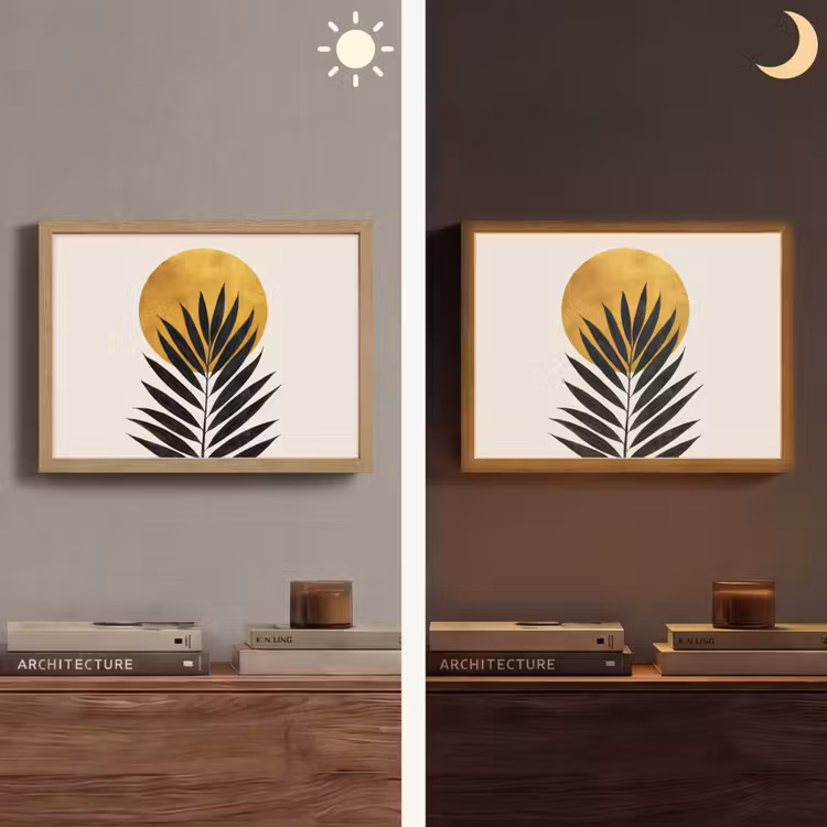 Zwart palmblad - Gouden cirkel - Beige achtergrond Light Box met batterij (Wandlamp) middel -sfeer3
