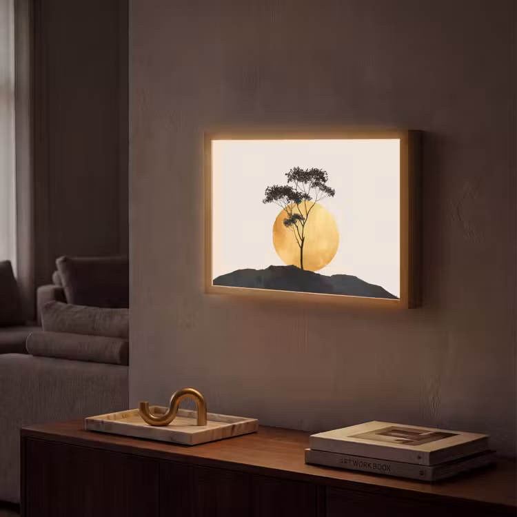 Zwarte boom - Gouden cirkel - Heuvel Light Box met batterij (Wandlamp) middel -sfeer1