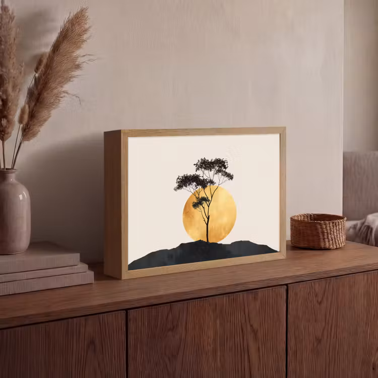 Zwarte boom - Gouden cirkel - Heuvel Light Box met batterij (Wandlamp) middel -sfeer2