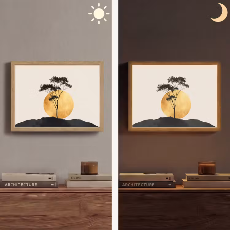 Zwarte boom - Gouden cirkel - Heuvel Light Box met batterij (Wandlamp) middel -sfeer3