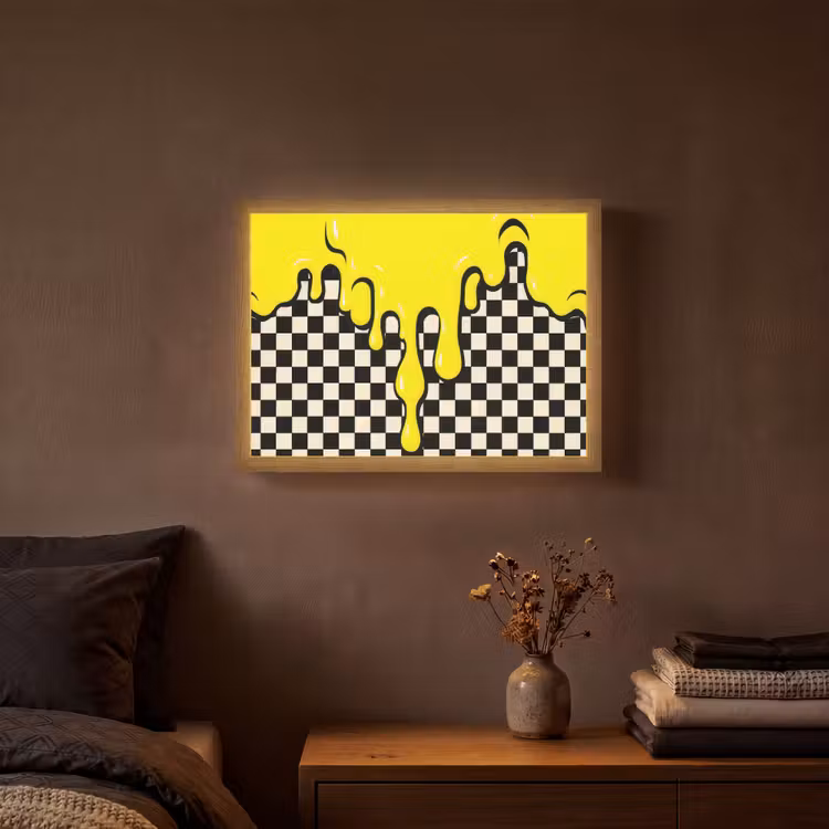 Geblokt - Grafisch - Vloeistof - Geel Light Box met batterij (Wandlamp) middel -sfeer4