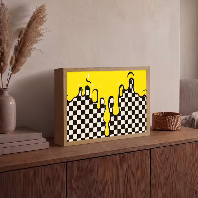 Geblokt - Grafisch - Vloeistof - Geel Light Box met batterij (Wandlamp) middel -sfeer2