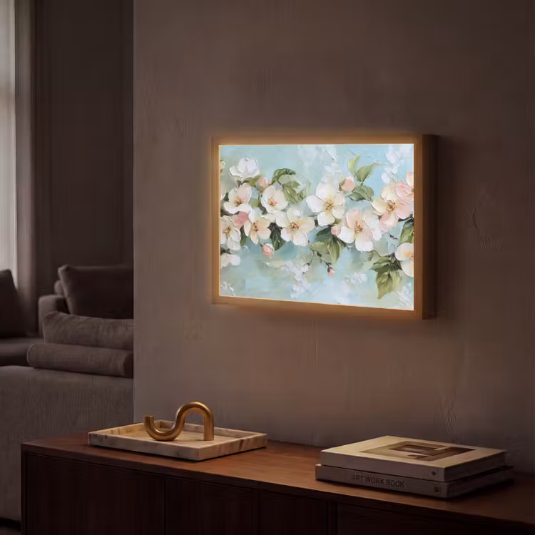 Bloesem - Bladeren - Lichtblauw Light Box met batterij (Wandlamp) middel -sfeer1