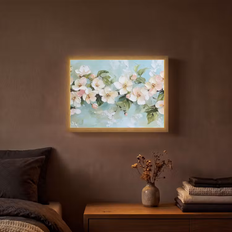 Bloesem - Bladeren - Lichtblauw Light Box met batterij (Wandlamp) middel -sfeer4