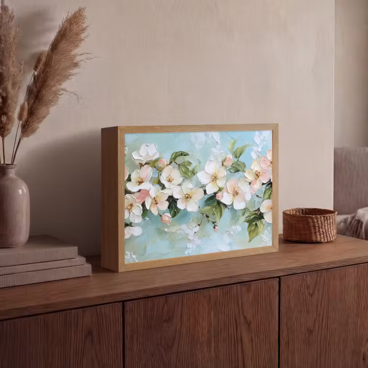 Bloesem - Bladeren - Lichtblauw Light Box met batterij (Wandlamp) middel -sfeer2
