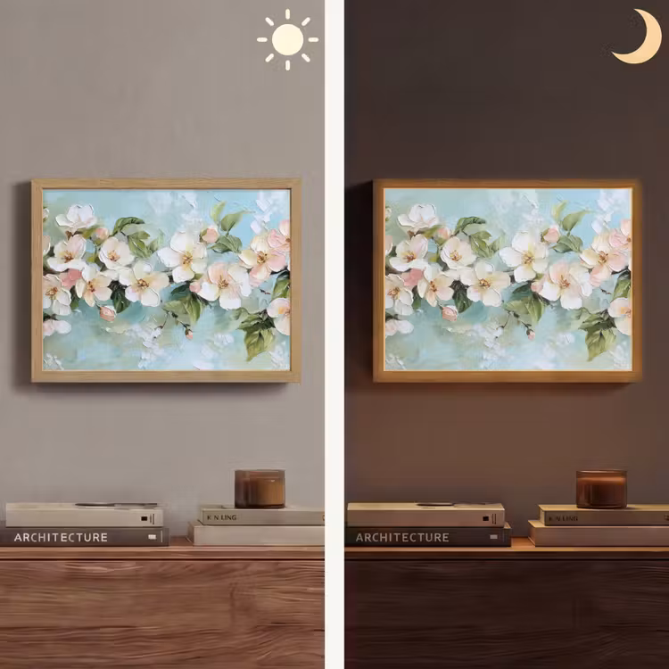 Bloesem - Bladeren - Lichtblauw Light Box met batterij (Wandlamp) middel -sfeer3