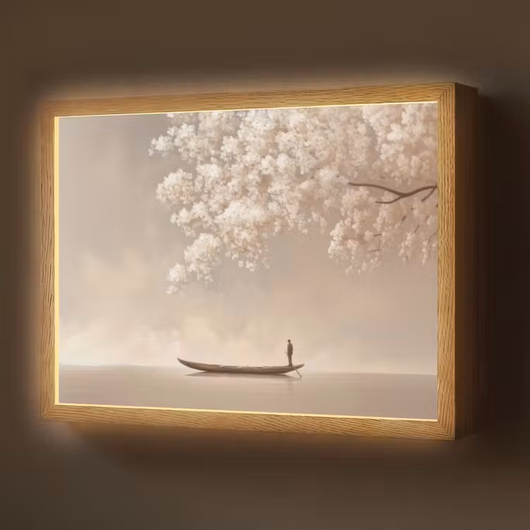 Bloesems - Wit - Boot - Minimalistisch Light Box met batterij (Wandlamp) middel -z3d_website