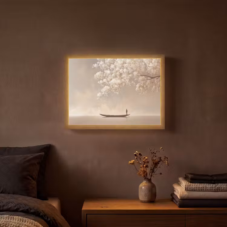 Bloesems - Wit - Boot - Minimalistisch Light Box met batterij (Wandlamp) middel -sfeer4