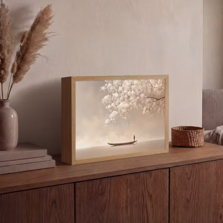 Bloesems - Wit - Boot - Minimalistisch Light Box met batterij (Wandlamp) middel -sfeer2