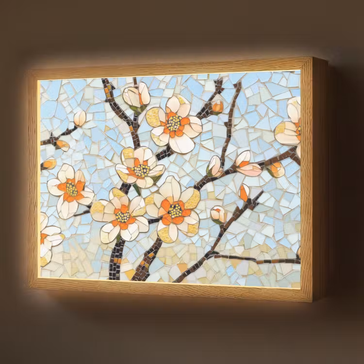 Bloesems - Wit - Mozaïek - Tak Light Box met batterij (Wandlamp) middel -z3d_website