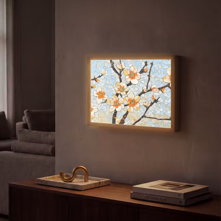 Bloesems - Wit - Mozaïek - Tak Light Box met batterij (Wandlamp) middel -sfeer1