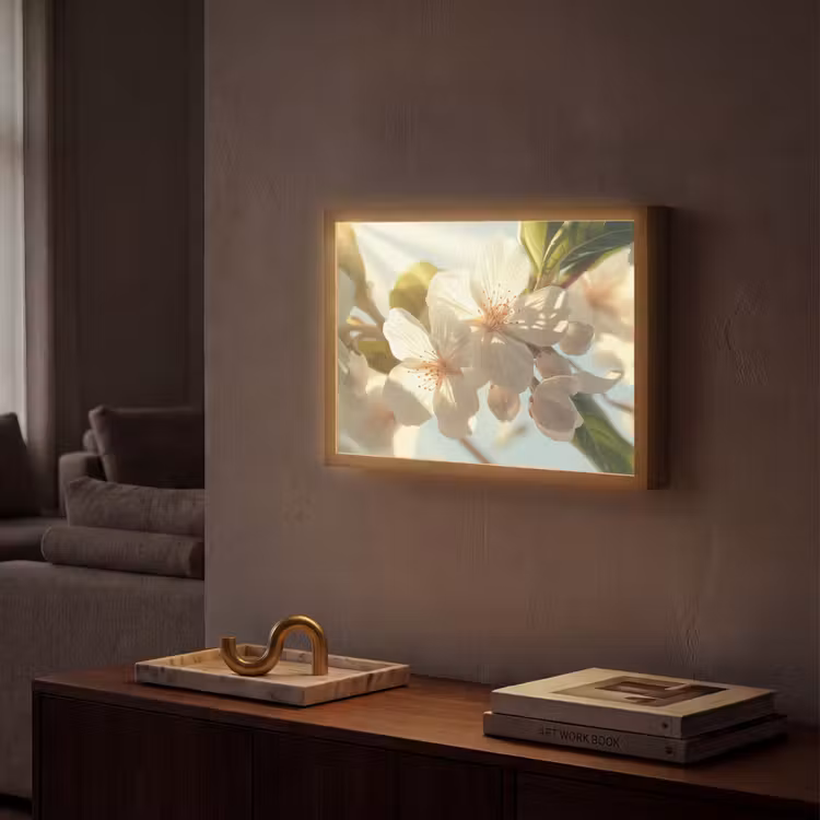 Bloesems - Wit - Zonnestralen -  Bloemblaadjes Light Box met batterij (Wandlamp) middel -sfeer1